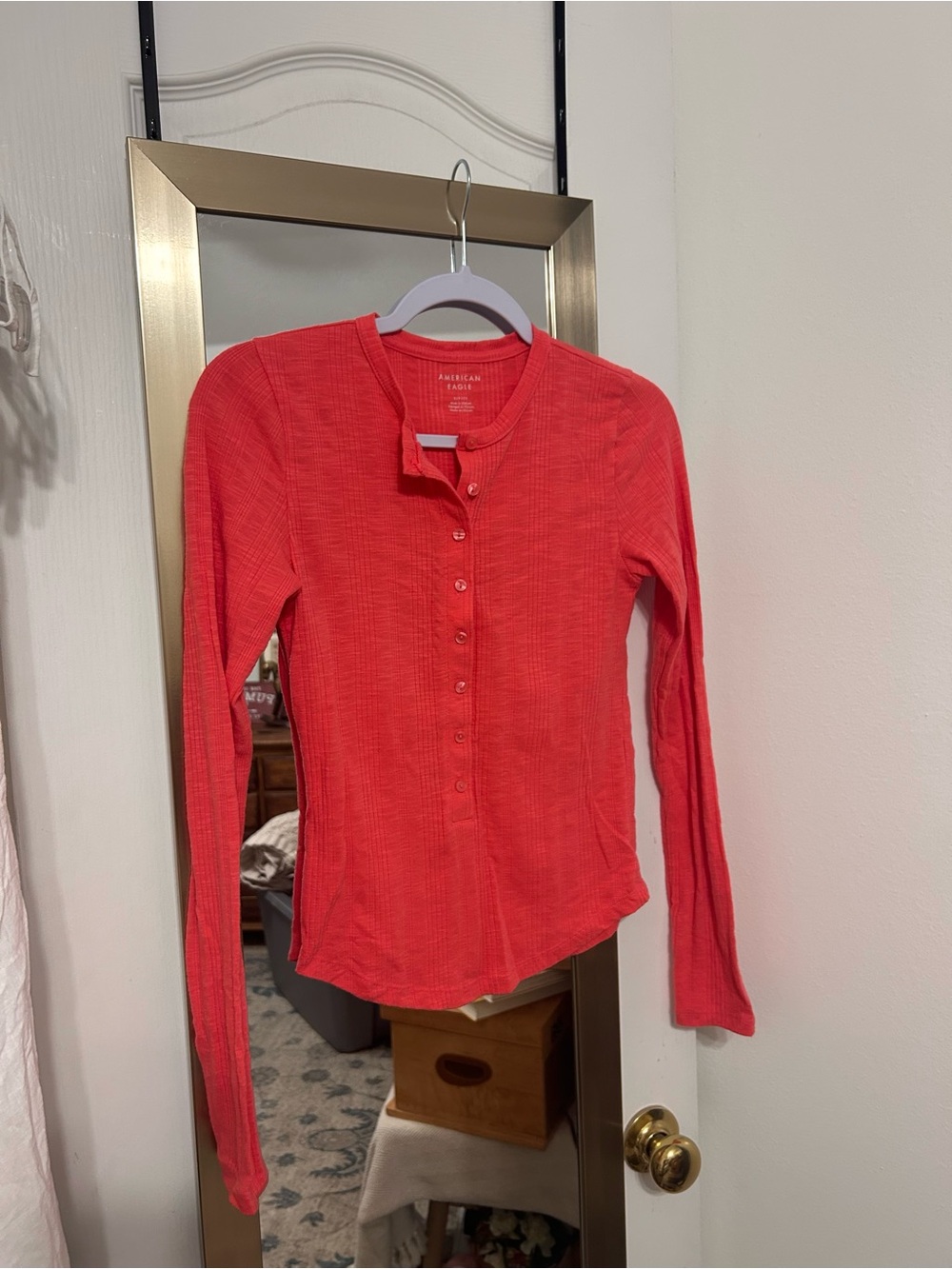 American Eagle Outfitters Coral-Red Long Sleeve Ribbed Too